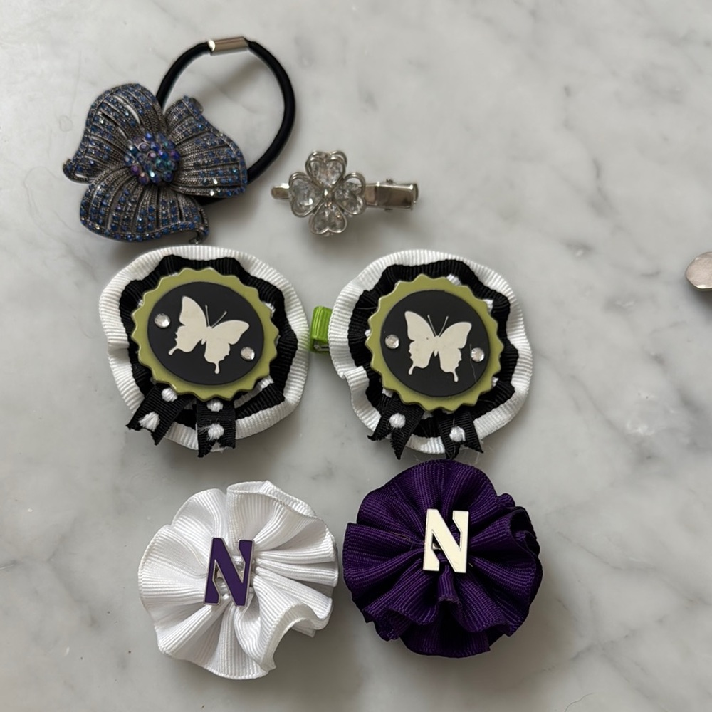 Butterfly and Initial Kids Hair Accessories Set - Black, White, Purple